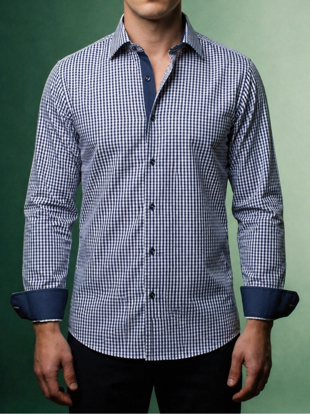 LEVINAS blue plaid button down  dress shirt  contrast cuffs 4XL